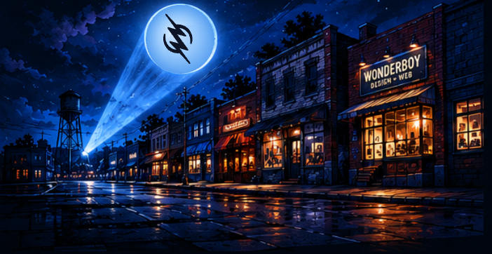 Wonderboy signal over a small-town main street at night