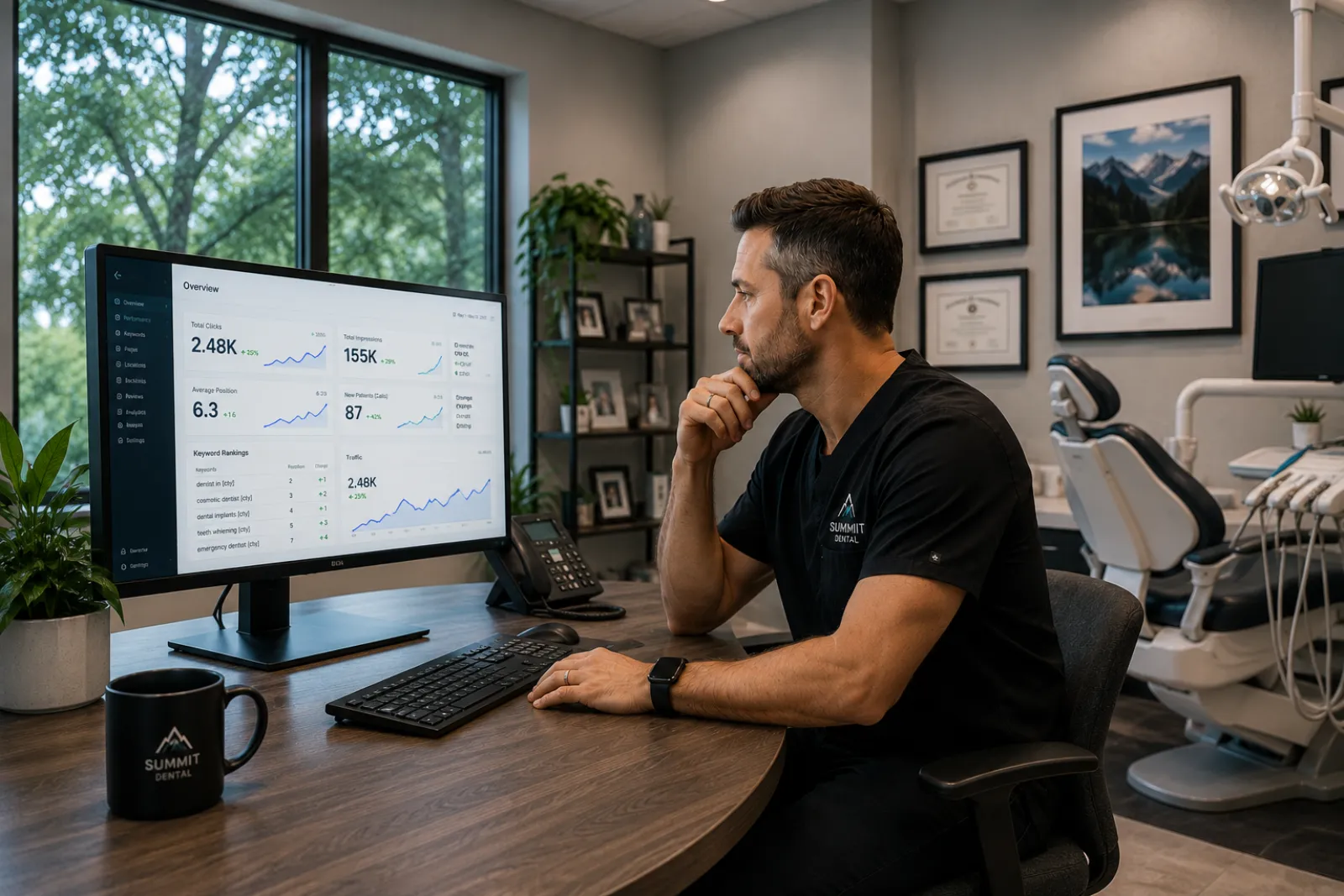 A dentist reviewing his practice’s SEO results on screen