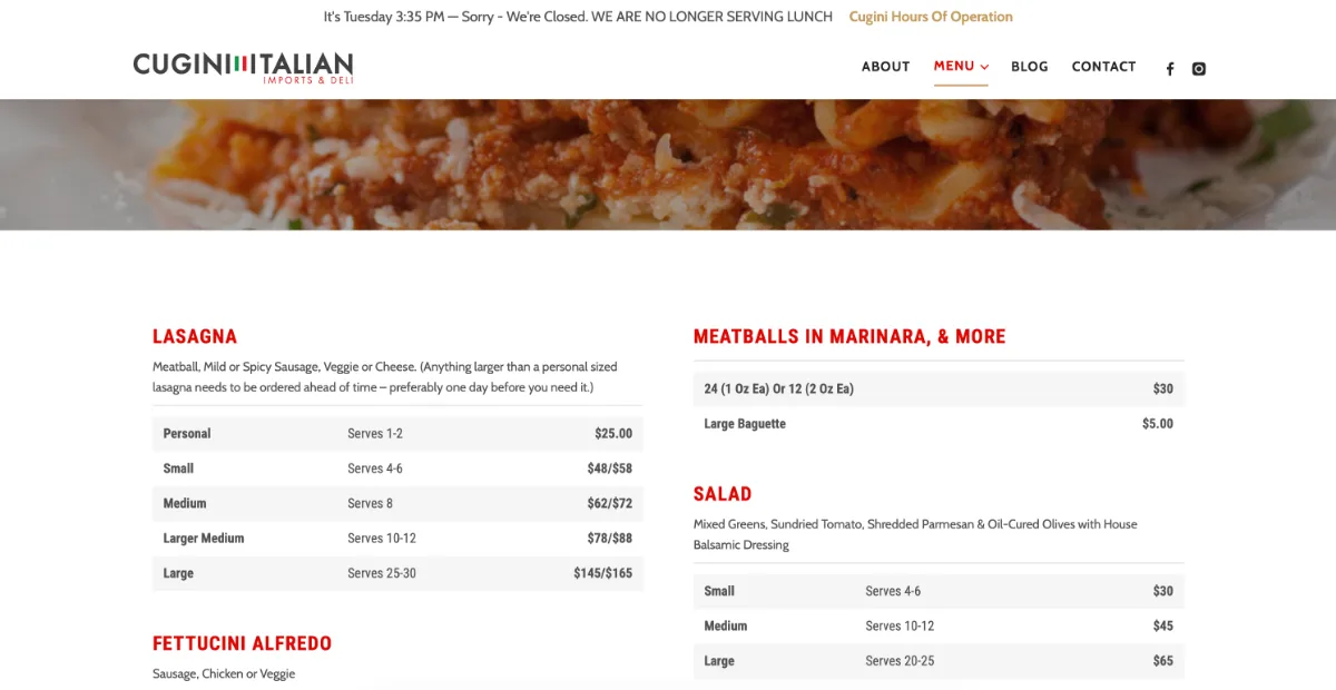 Cugini website menu page