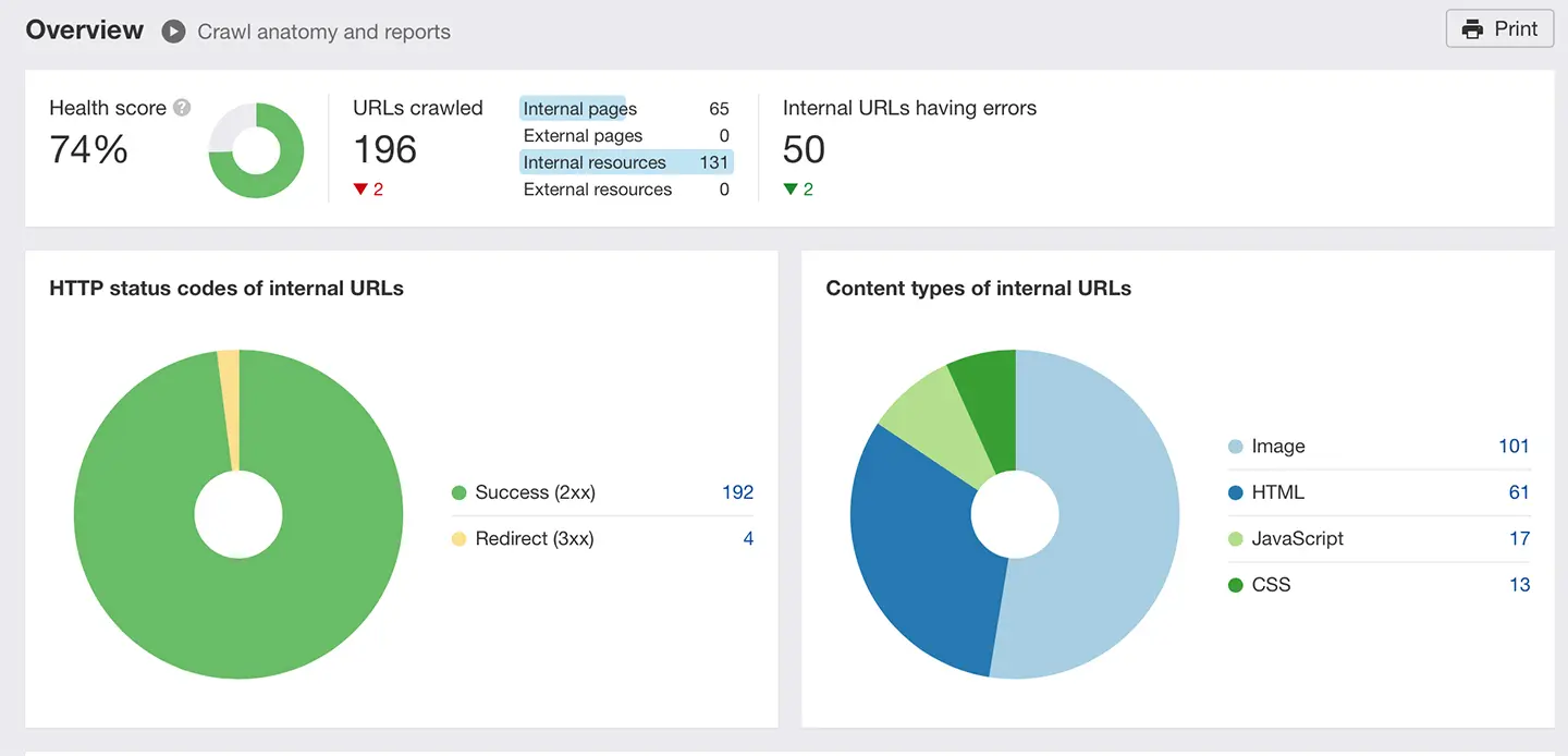 A site audit overview panel reporting a 74 percent health score across 196 crawled URLs, with charts of status codes and content types