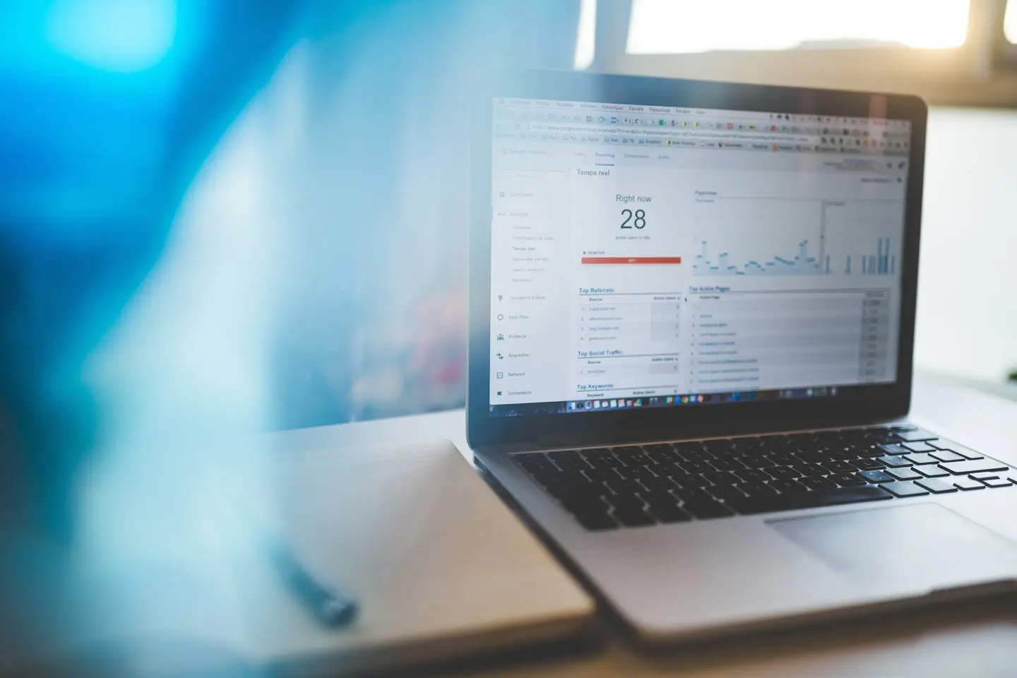 A laptop on a desk showing an analytics dashboard with visitor charts