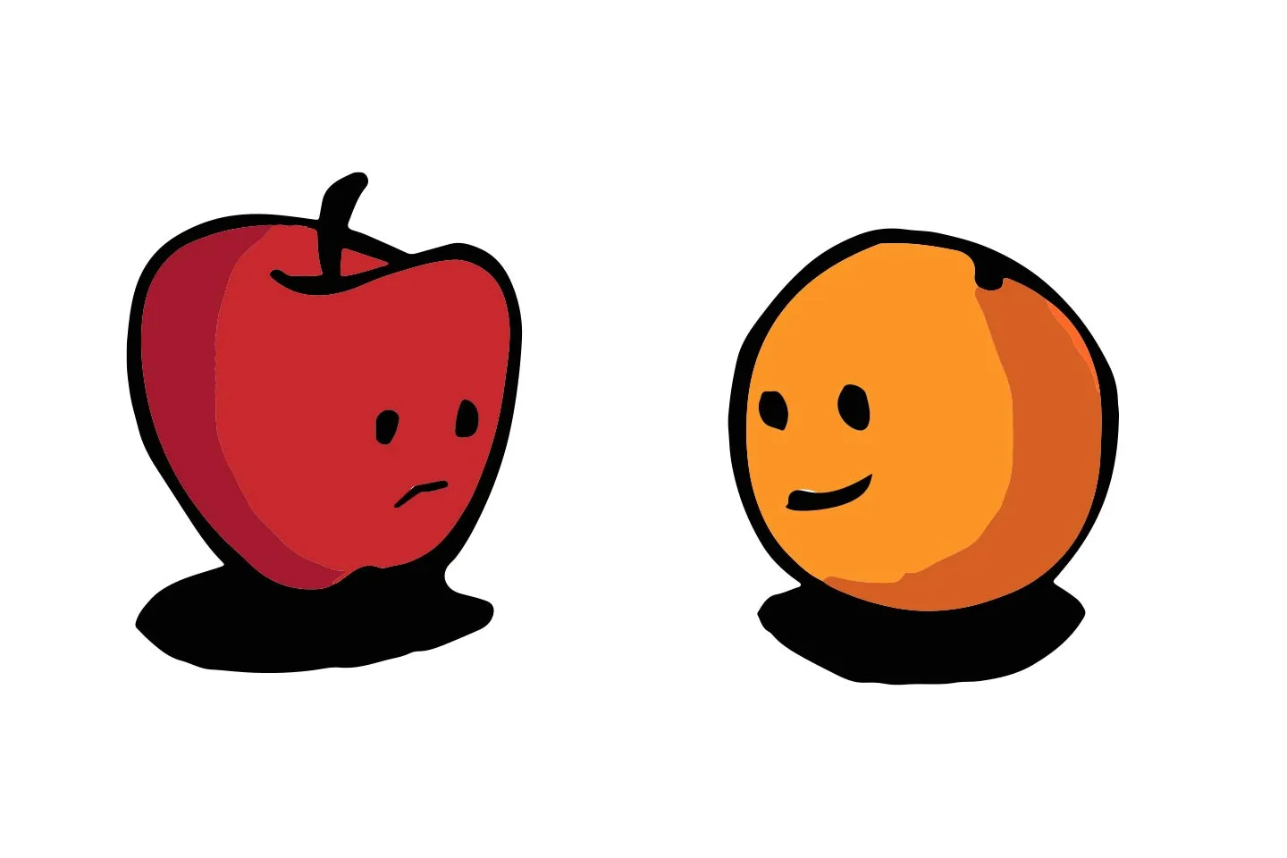 A cartoon apple with a frown beside a cartoon orange with a smile