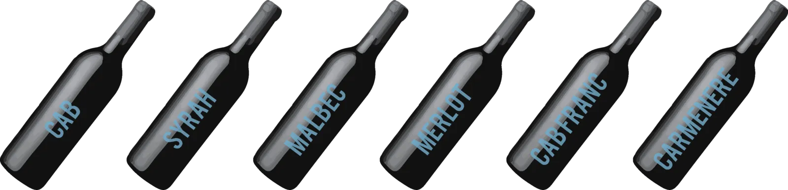 Six identical black wine bottle silhouettes in a row, each labelled with a different grape variety