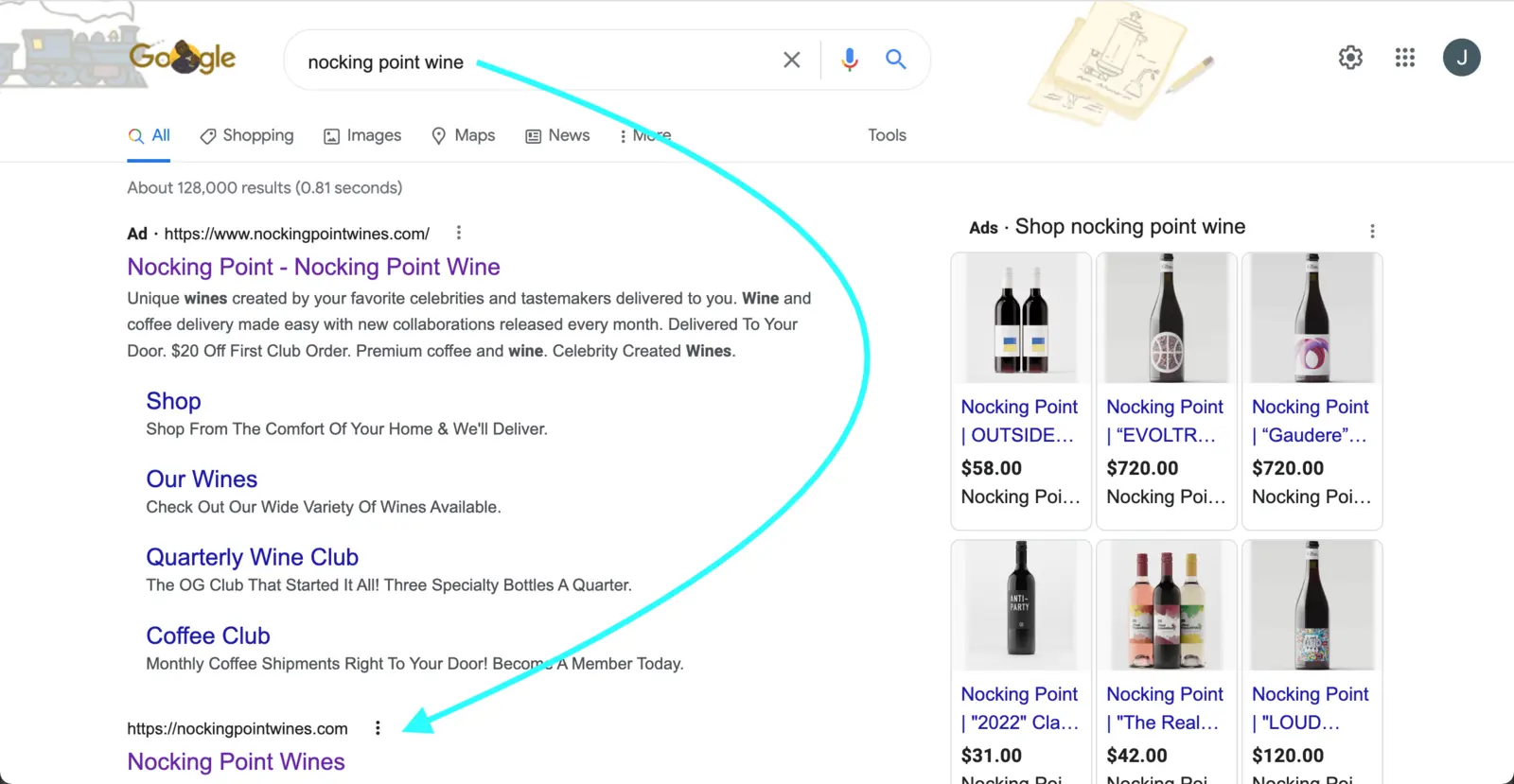 Google results for the search nocking point wine, with an arrow drawn to the winery ranking first below the shopping ads